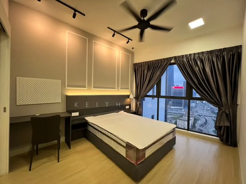 Bedroom features: king-size bed, upholstered headboard, wooden flooring, 5-blade ceiling fan, floor-to-ceiling windows, blackout curtains, desk with chair, wall-mounted light fixtures, decorative wall paneling, city view; style: modern; view: city.