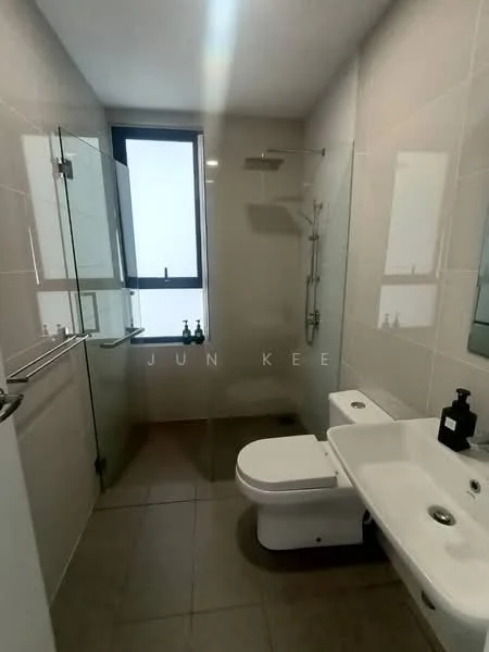 Bathroom features: glass shower enclosure, rain shower head, handheld shower, white wall-mounted toilet, white sink with chrome faucet, grey tile flooring, white tiled walls, window for natural light; style: modern.