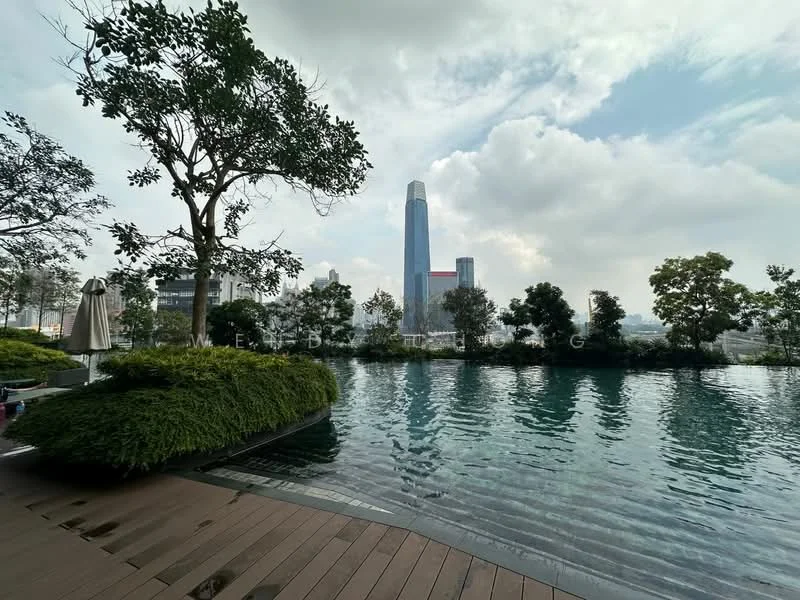Exterior type: swimming pool deck; features: infinity pool, wooden deck, landscaped greenery, mature trees, city skyline view, lounge chairs, outdoor umbrellas; style: modern.