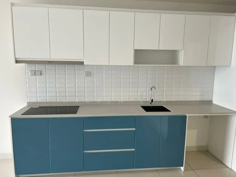 Kitchen features: blue cabinetry, white upper cabinets, grey countertop, single-bowl stainless-steel sink, chrome pull-down faucet, built-in induction cooktop, white subway tile backsplash, tile flooring, under-cabinet lighting; style: modern.