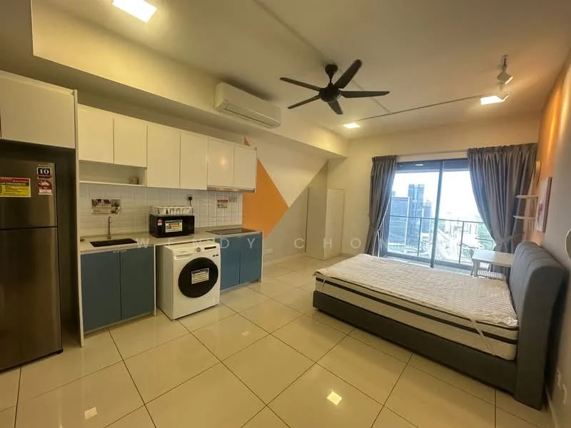 Room features: white painted walls, grey accent wall, white ceiling, recessed downlights, 5-blade ceiling fan, floor-to-ceiling windows, sliding glass door, white kitchen cabinetry, blue lower cabinets, stainless-steel fridge, built-in microwave, front-load washing machine, white countertop, tile flooring, queen-size bed frame without mattress; style: modern; view: city.
