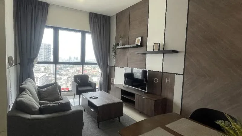 Living features: grey fabric sofa, wood coffee table, wall-mounted TV, floating shelves, large windows with city view, curtains in dark grey, light grey area rug, decorative plant on shelf; style: modern; view: city.