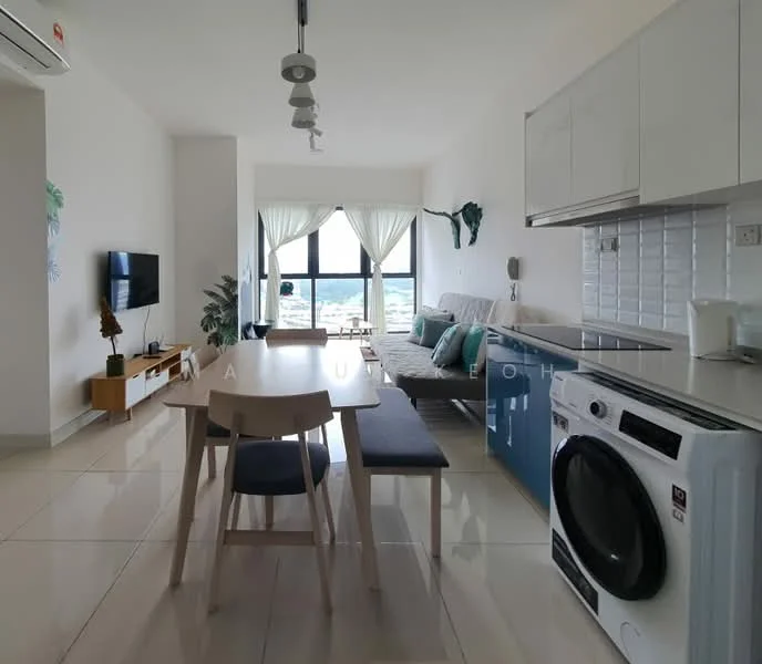 Living features: floor-to-ceiling windows, grey fabric sofa, wooden coffee table, wall-mounted TV, light-colored walls, recessed downlights, decorative wall plants, open shelving unit, dining table with 4 chairs, white cabinetry, stainless-steel sink, built-in oven, front-load washing machine, ceramic tile flooring; style: modern; view: city.