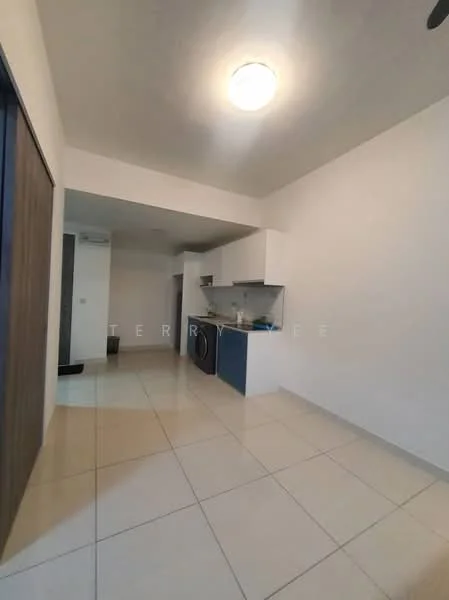 Kitchen features: white painted walls, tile flooring, ceiling light fixture, kitchen cabinetry in blue, stainless-steel sink, built-in oven, washing machine, countertop, open layout; style: modern.