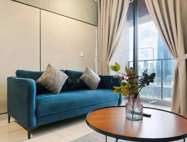 Living features: teal fabric sofa, decorative cushions, round wooden coffee table, glass vase with flowers, floor-to-ceiling windows, curtains, white tiled flooring, city skyline view; style: modern; view: city.