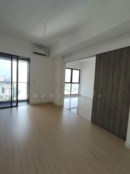 Room features: light wood flooring, white painted walls, large windows, sliding glass door, wall-mounted split AC, open layout, partition wall with wood finish, city view; style: modern; view: city.