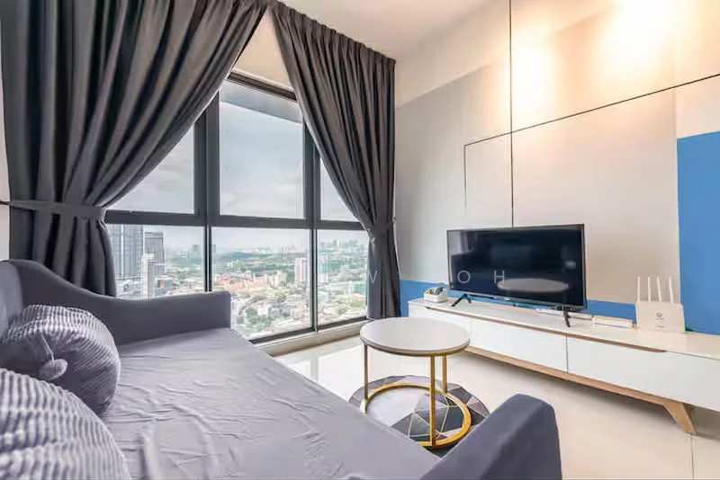 Living features: floor-to-ceiling windows, grey fabric sofa, round coffee table with gold base, white TV console, wall-mounted TV, decorative wall with blue accent, black and white area rug, curtains, city view; style: modern; view: city.