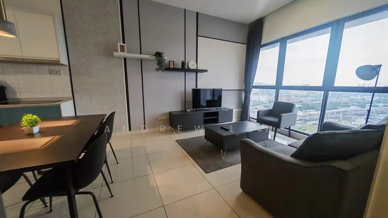 Living features: floor-to-ceiling windows, grey fabric sofa, black coffee table, TV console, wall-mounted TV, decorative shelf, light fixture, area rug, dining table with chairs, white painted walls, ceramic tile flooring; style: modern; view: city.