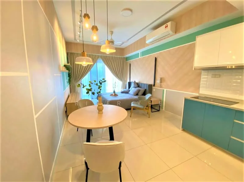 Living features: grey upholstered bed, white bedding, 2 bedside lamps, floor-to-ceiling windows, sheer curtains, dining table with 2 chairs, pendant lighting, air conditioning unit, light-coloured wall panels, blue cabinetry, white countertop, glossy tile flooring; style: modern; view: garden.