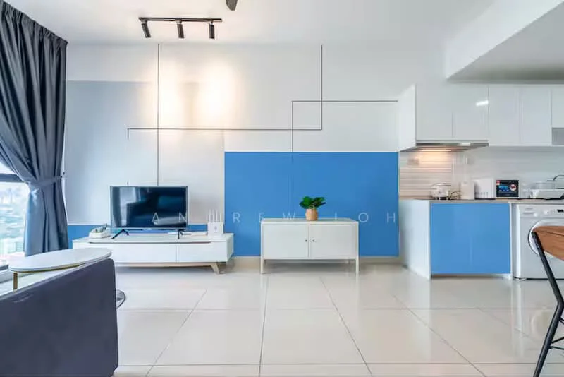 Living features: grey fabric sofa, white coffee table, white TV console, wall-mounted TV, blue accent wall, white cabinetry, stainless-steel refrigerator, built-in oven, ceramic tile flooring, recessed ceiling lights, floor-to-ceiling windows, grey curtains; style: modern; view: city.