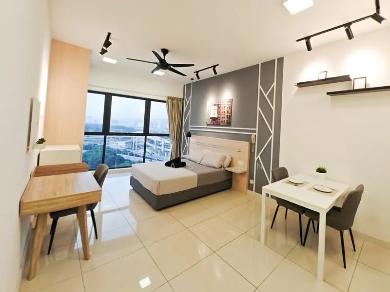 Bedroom features: queen-size bed, upholstered headboard, 2 bedside lamps, study desk with wooden surface, dining table for 2, 4 dining chairs, floor-to-ceiling windows, grey accent wall, white painted walls, ceiling fan with light, recessed LED downlights, tile flooring; style: modern; view: city.