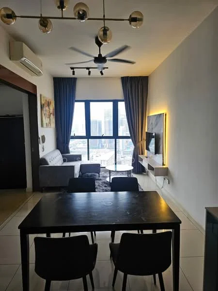 Living features: 3-seater fabric sofa in grey, coffee table, wall-mounted TV, TV console, area rug, 5-blade ceiling fan with light, floor-to-ceiling windows, blackout curtains, recessed LED downlights, decorative wall art, wall-mounted lighting, open shelving; style: modern; view: city. Dining features: 6-seater dining table, black dining chairs; style: modern.