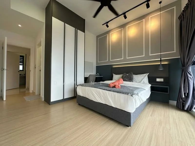 Bedroom features: king-size bed with grey upholstered headboard, bedside table with drawer, wall-mounted light fixtures, 5-blade ceiling fan, grey bedding with decorative throw, built-in wardrobe with sliding doors, accent wall with paneling, large window with dark curtains, laminate flooring in light wood finish; style: modern.