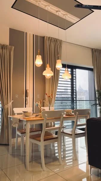 Dining features: white dining table, 4 white dining chairs, pendant lighting with multiple bulbs, grey accent wall, floor-to-ceiling windows, sheer curtains, glossy tile flooring, decorative wall stripes, glass railing, decorative table setting; style: modern; view: city.