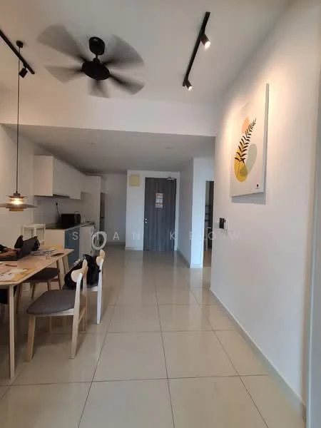 Room features: white painted walls, tile flooring, 5-blade ceiling fan with light, recessed LED downlights, pendant lamp, dining table with wooden legs, 4 dining chairs, kitchen cabinetry, open layout, decorative wall art; style: modern.