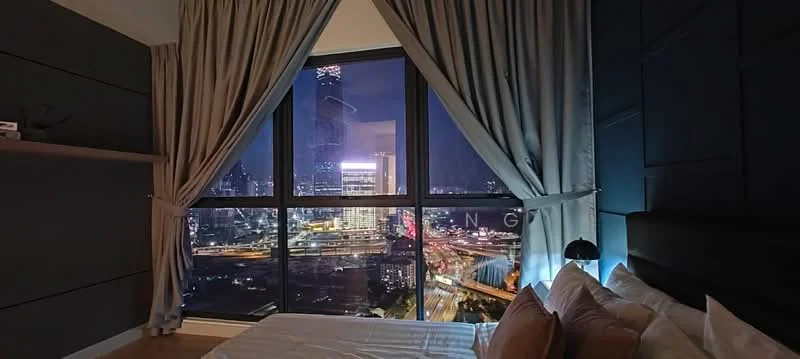 Bedroom features: floor-to-ceiling windows, blackout curtains, grey accent wall, wooden flooring, queen-size bed, upholstered headboard, bedside lamp, decorative wall shelf, city skyline view; style: modern; view: city.