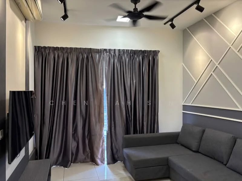 Living features: grey fabric sectional sofa, wall-mounted TV, 5-blade ceiling fan, blackout curtains, white painted walls, accent wall with geometric design, tile flooring, natural light from window; style: modern.