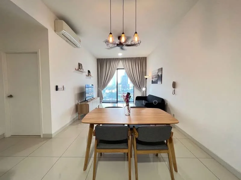 Dining features: dining table with 4 wooden chairs, pendant lighting with three bulbs, floor-to-ceiling windows, curtains, white painted walls, light-colored tiled flooring, wall-mounted TV, decorative wall shelf, sofa in background, air conditioning unit; style: modern; view: city.