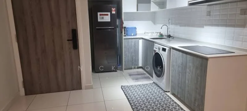 Kitchen features: stainless-steel fridge, front-load washing machine, white countertop, grey wood cabinetry, white tiled backsplash, ceramic tile flooring, single-bowl stainless-steel sink, chrome pull-down faucet, built-in oven, kitchen rug, wall-mounted cabinet, open shelving; style: modern.