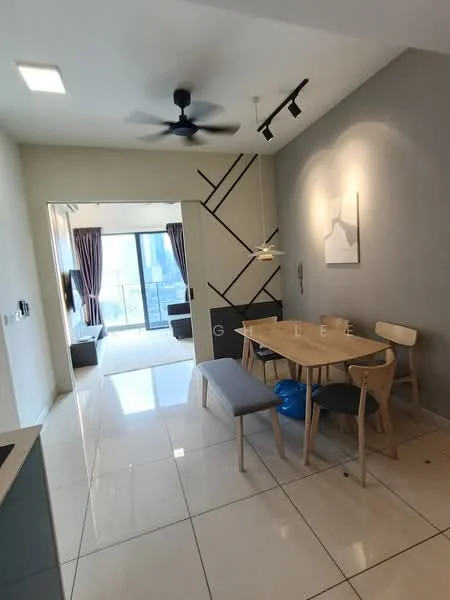 Dining features: dining table with 4 wooden chairs, grey upholstered bench, pendant lamp, 5-blade ceiling fan, white walls, grey accent wall with geometric design, large sliding glass door, floor-to-ceiling windows, curtains, glossy tile flooring; style: modern; view: city. Living features: sofa, coffee table, TV console, area rug; style: modern; view: city.