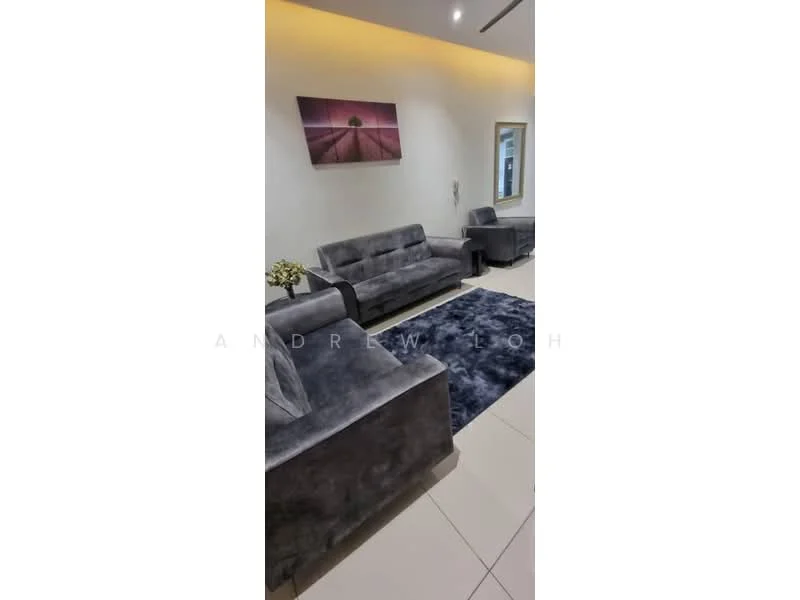 Living features: 3-seater fabric sofa in grey, 2-seater fabric sofa in grey, area rug with solid pattern, wall-mounted artwork, recessed downlights, cream painted walls, tile flooring, side table, armchair in grey; style: modern.