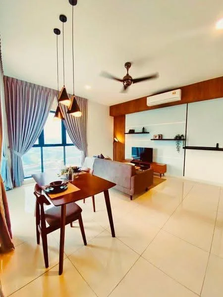 Living features: 3-seater fabric sofa in grey, wooden dining table for 4, pendant lighting with three fixtures, 5-blade ceiling fan, floor-to-ceiling windows, curtains in light grey, wall-mounted TV, shelves with decorative items, light-colored tiled flooring, air conditioning unit on wall, decorative plant on shelf; style: modern; view: city.