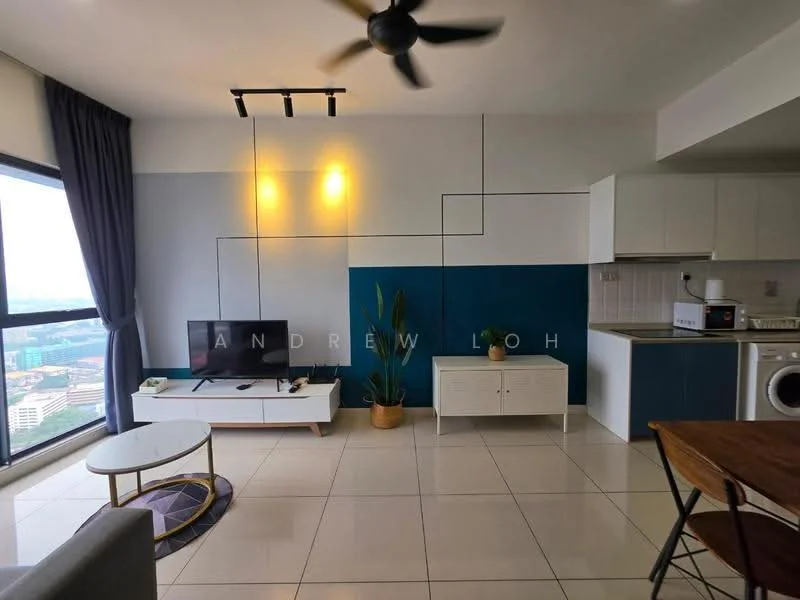 Living features: floor-to-ceiling windows, grey accent wall, white painted walls, polished tile flooring, 3-blade ceiling fan, wall-mounted TV, white TV console, decorative plant, round coffee table, dining table with chairs, microwave, washing machine; style: modern; view: city.