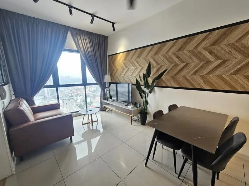 Living features: floor-to-ceiling windows, brown leather sofa, wooden accent wall with herringbone pattern, white TV console, wall-mounted TV, black dining table, 4 black dining chairs, decorative plant, recessed downlights, grey curtains, glossy tile flooring; style: modern; view: city.