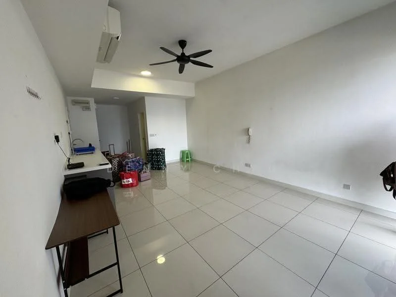 Living features: white painted walls, glossy ceramic tile flooring, 5-blade ceiling fan, wall-mounted air conditioning unit, wooden table, green plastic stool, multiple bags and boxes, doorway leading to another room.