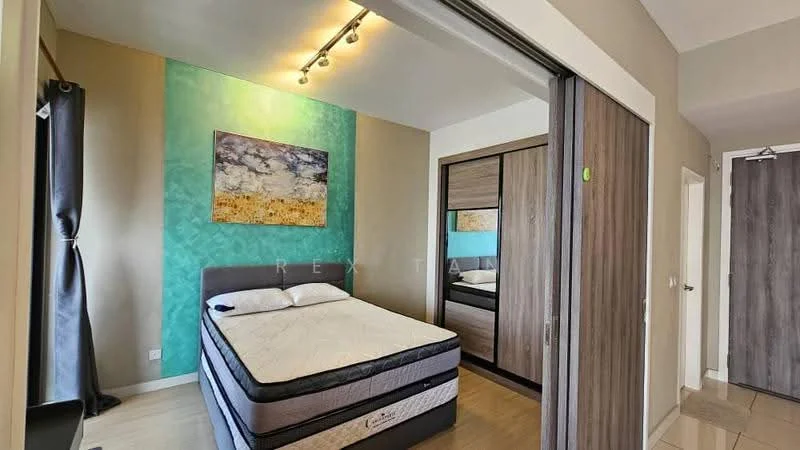 Bedroom features: queen-size bed, upholstered headboard, framed artwork on wall, built-in wardrobe with mirrored doors, light-colored walls, accent wall in teal, recessed lighting, floor-to-ceiling window with black curtains, tile flooring; style: modern.