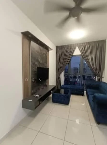 Living features: 3-seater fabric sofa in blue, 2-seater fabric sofa in blue, wall-mounted TV, TV console in grey, floor-to-ceiling windows, sheer curtains, dark grey accent wall, light-colored tiled flooring, ceiling fan with light, decorative wall paneling; style: modern; view: city.