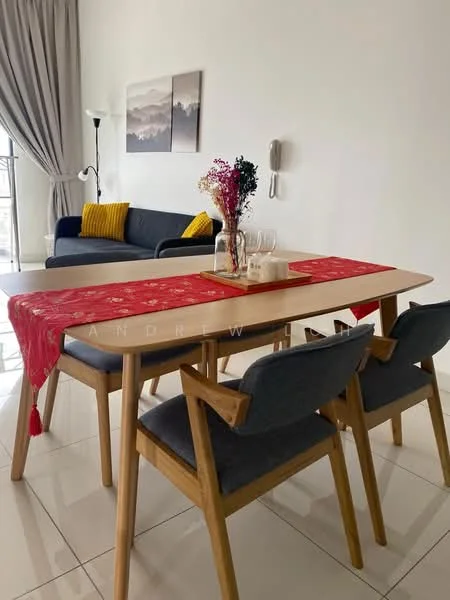 Dining features: wooden dining table, 4 upholstered dining chairs with wooden legs, red table runner, decorative vase with flowers, glassware on the table, white walls, large window with sheer curtains, grey fabric sofa in background, yellow throw pillow on sofa, floor lamp, ceramic floor tiles; style: modern; view: city.