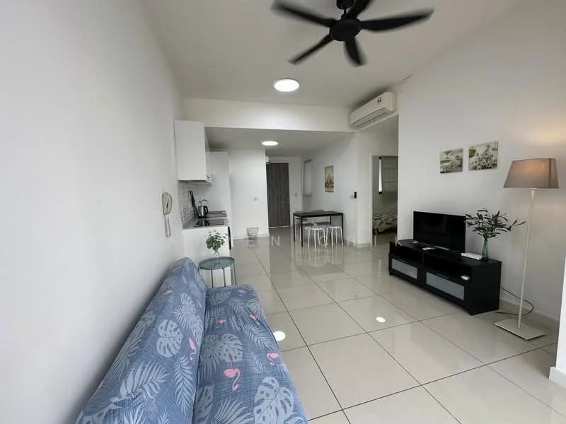 Living features: 3-seater fabric sofa with floral pattern, coffee table, wall-mounted TV, TV console in black, recessed downlights, ceiling fan, white painted walls, glossy tile flooring, air conditioning unit, decorative lamp, dining table with chairs visible in background; style: modern.