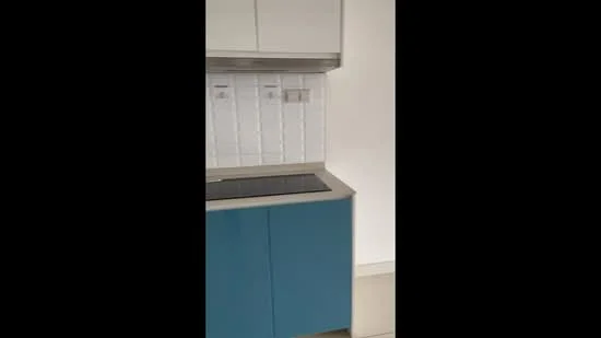 Kitchen features: blue cabinetry, white tiled backsplash, stainless-steel countertop, built-in stove, wall-mounted range hood, ceramic tile flooring, under-cabinet lighting, single-bowl stainless-steel sink; style: modern.
