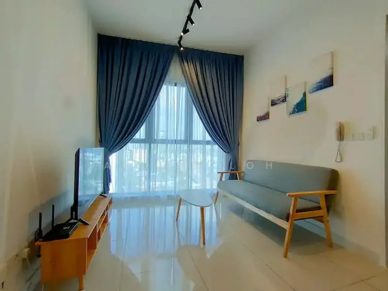 Living features: floor-to-ceiling windows, grey fabric sofa, wooden TV console, wall-mounted TV, white painted walls, recessed downlights, curtains in dark blue, glossy tile flooring, decorative wall art; style: modern; view: city.