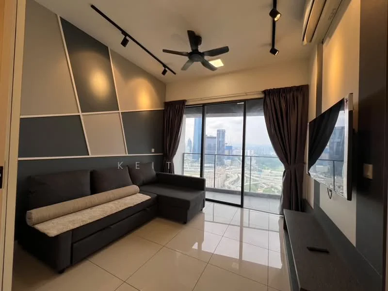 Living features: grey fabric sectional sofa, white throw blanket on sofa, floor-to-ceiling windows, city skyline view, recessed LED downlights, 5-blade ceiling fan with light, wall-mounted TV, light grey accent wall, dark grey accent wall, glossy tile flooring, black TV console; style: modern; view: city.