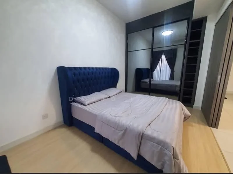 Bedroom features: king-size bed with upholstered blue headboard, bedding in light grey, floor-to-ceiling mirrored wardrobe, wooden flooring, recessed ceiling light, curtains in neutral color, built-in shelving unit, white painted walls; style: modern.
