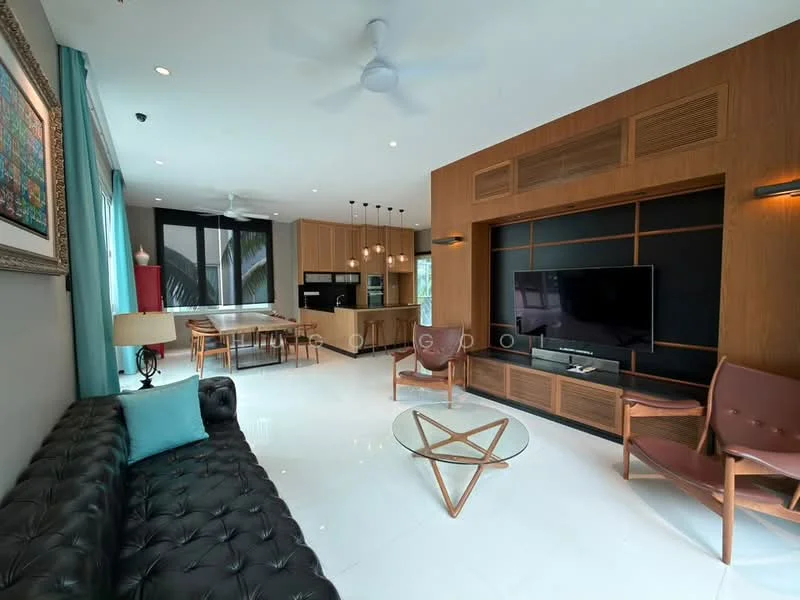 Living features: black leather tufted sofa, wooden coffee table, two brown armchairs, wall-mounted TV, wooden media console, recessed downlights, ceiling fan, large windows with sheer curtains, white tiled flooring, decorative wall paneling, blue accent cushion; style: modern. Kitchen features: kitchen island with bar stools, black cabinetry, stainless-steel appliances, built-in oven, refrigerator, white countertops, pendant lighting, open layout to living area; style: modern.