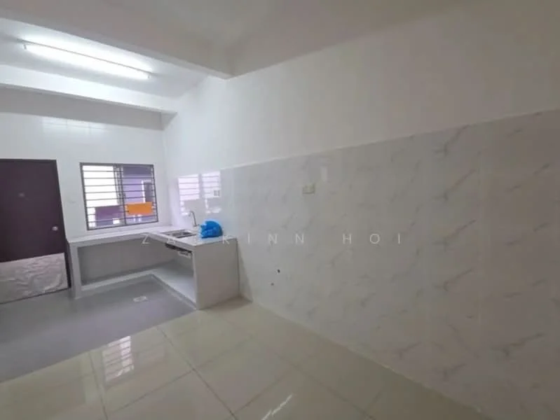 Room features: white painted walls, grey marble tile flooring, ceiling lights, window with metal grille, countertop with sink, built-in cabinetry, open layout, no visible appliances; style: modern.