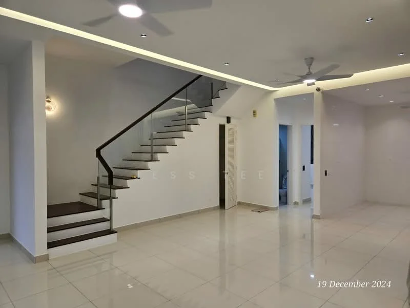 Room features: white painted walls, glossy tile flooring, staircase with wooden steps and glass railing, recessed downlights, ceiling fan, open layout, neutral color scheme, corner wall with no visible features; style: modern.