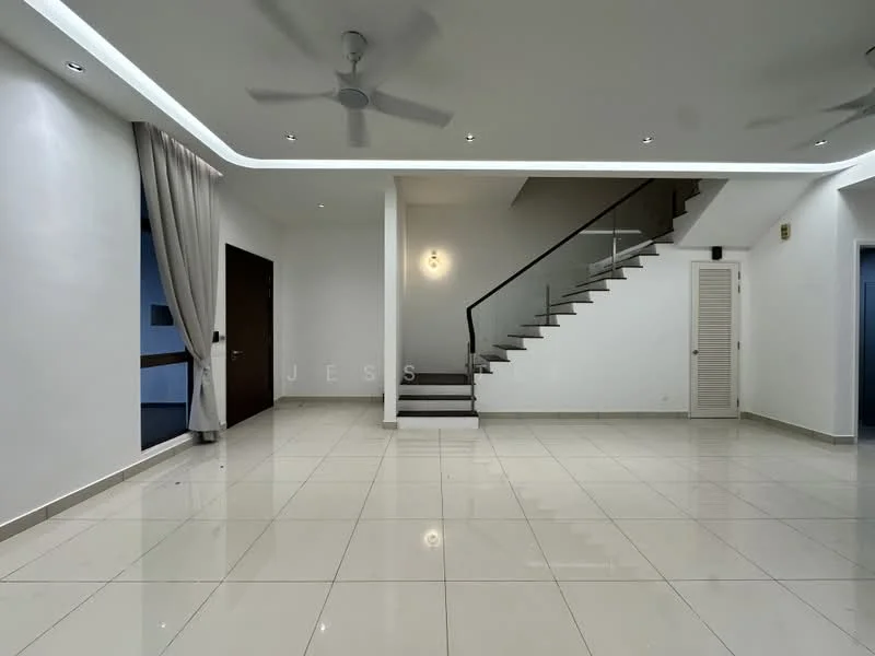 Living features: white painted walls, polished ceramic tile flooring, tray ceiling with recessed lighting, 5-blade ceiling fan, staircase with black railing, curtains in light fabric, wall-mounted light fixture, open layout; style: modern.