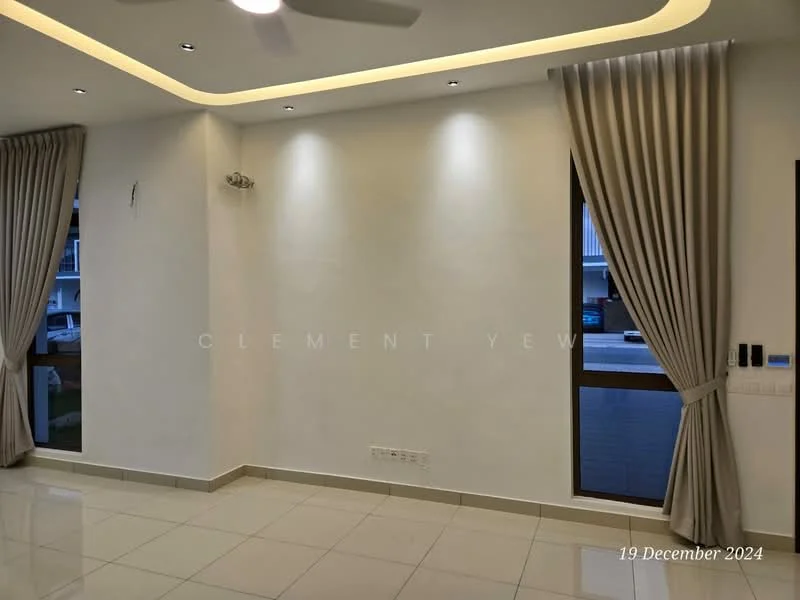 Room features: white painted walls, cream ceiling, recessed downlights, 5-blade ceiling fan, floor-to-ceiling windows, curtains in light grey, glossy tile flooring, wall-mounted light switch, window with view to exterior; style: modern.