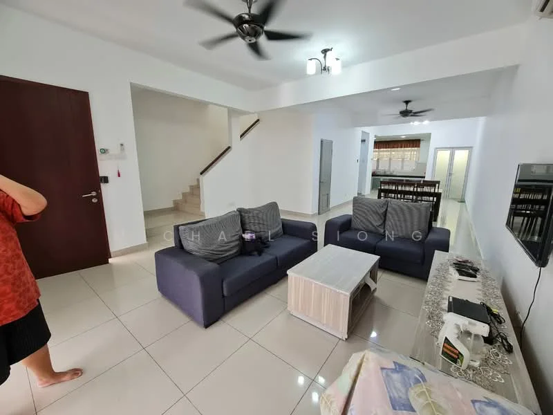 Living features: 3-seater fabric sofa in dark blue, 2-seater fabric sofa in dark blue, coffee table in light wood, wall-mounted TV, ceiling fan with light, recessed downlights, white painted walls, cream tiled flooring, decorative wall with TV console, open layout to dining area, staircase visible in background; style: modern.