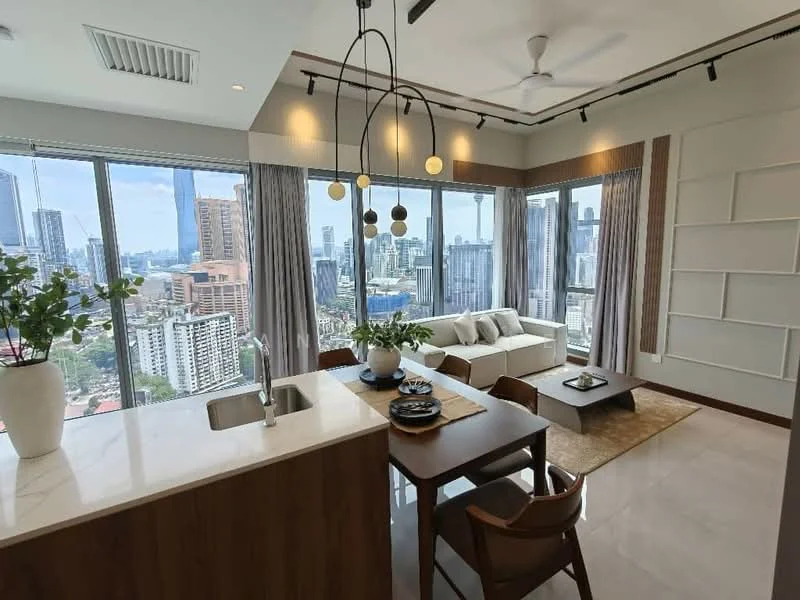 Living features: floor-to-ceiling windows, city skyline view, sofa in light fabric, coffee table, area rug, dining table with chairs, pendant lighting, ceiling fan, decorative plants, wall-mounted shelves, curtains, marble flooring, recessed lighting; style: modern; view: city.