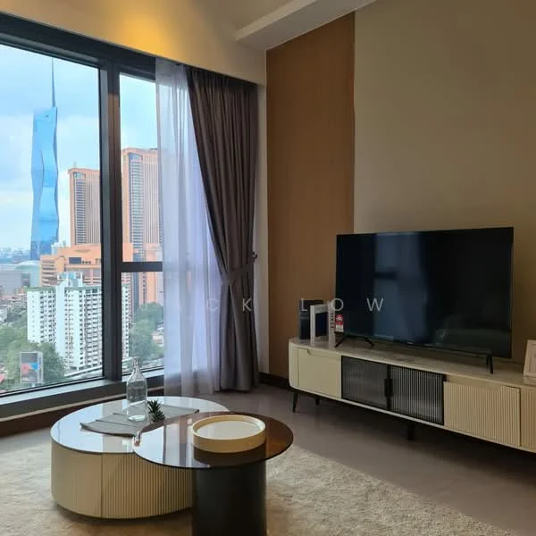 Living features: floor-to-ceiling windows, grey painted walls, light-colored flooring, curtains, wall-mounted TV, TV console with storage, coffee table, area rug, decorative plant, city skyline view; style: modern; view: city.
