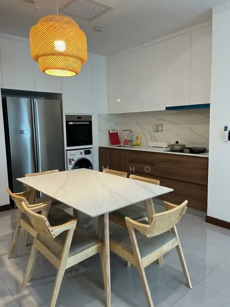 Kitchen features: white cabinets, wood cabinetry, marble countertop, stainless-steel fridge, built-in washing machine, kitchen sink, chrome faucet, pendant light fixture, 4-seater dining table, wooden dining chairs, ceramic tile flooring, wall-mounted cabinets, backsplash with marble pattern; style: modern.