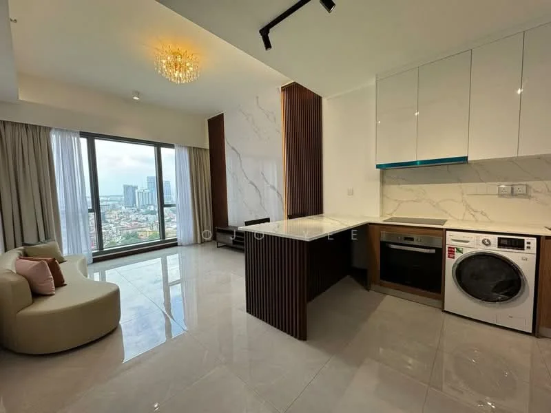 Kitchen features: white upper cabinets with glass fronts, wood paneling on the side, marble backsplash, black countertop, built-in oven, stainless-steel fridge, front-load washing machine, ceramic tile flooring, recessed downlights, floor-to-ceiling windows, city view, sofa with curved design, curtains, chandelier; style: modern; view: city.