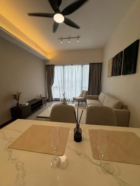 Living features: 5-blade ceiling fan with light, recessed downlights, floor-to-ceiling windows, sheer curtains, beige fabric sofa, coffee table, TV console, area rug, decorative wall art, wooden flooring, neutral painted walls; style: modern; view: city.