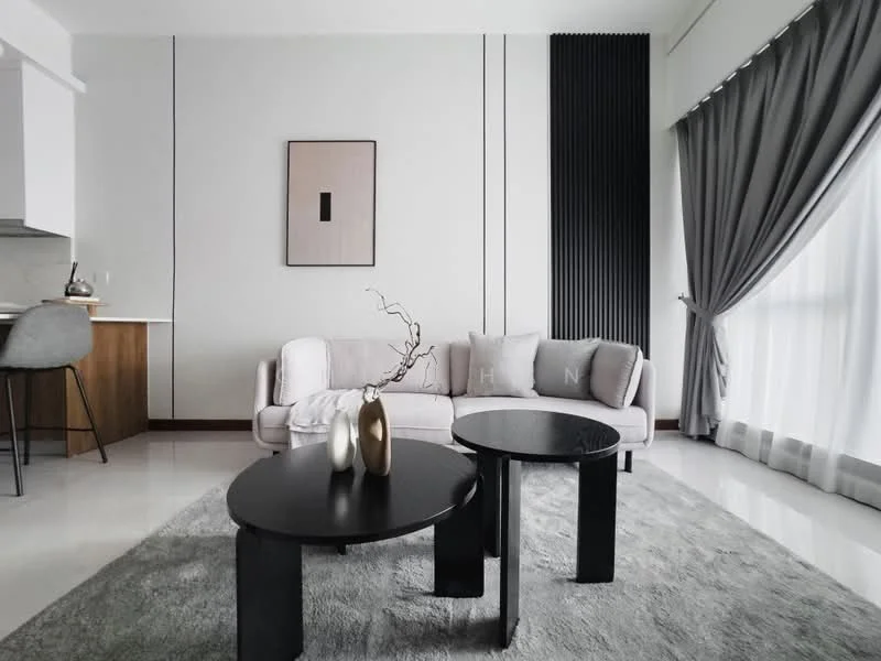 Living features: light grey fabric sofa, black round coffee table, black side table, decorative vase on table, area rug with soft texture, floor-to-ceiling windows, sheer curtains, dark accent wall with vertical slats, wall art with minimalist design, marble flooring; style: modern.