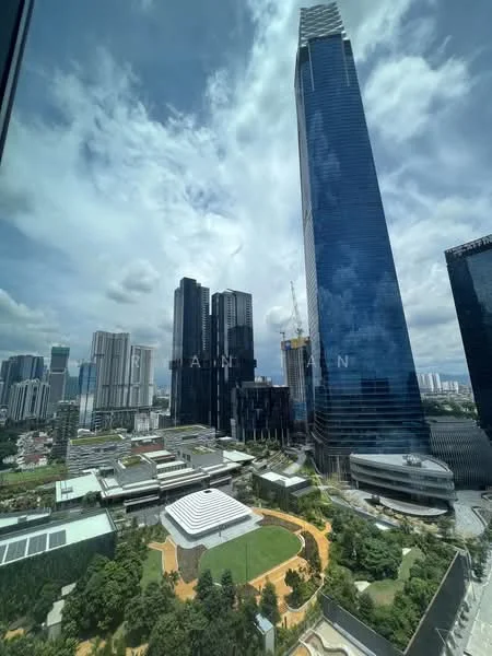 Exterior type: high-rise condominium; features: glass curtain wall, surrounded by mature greenery, landscape garden, city skyline view, modern architecture, multiple high-rise buildings, open green space, urban setting; style: modern.